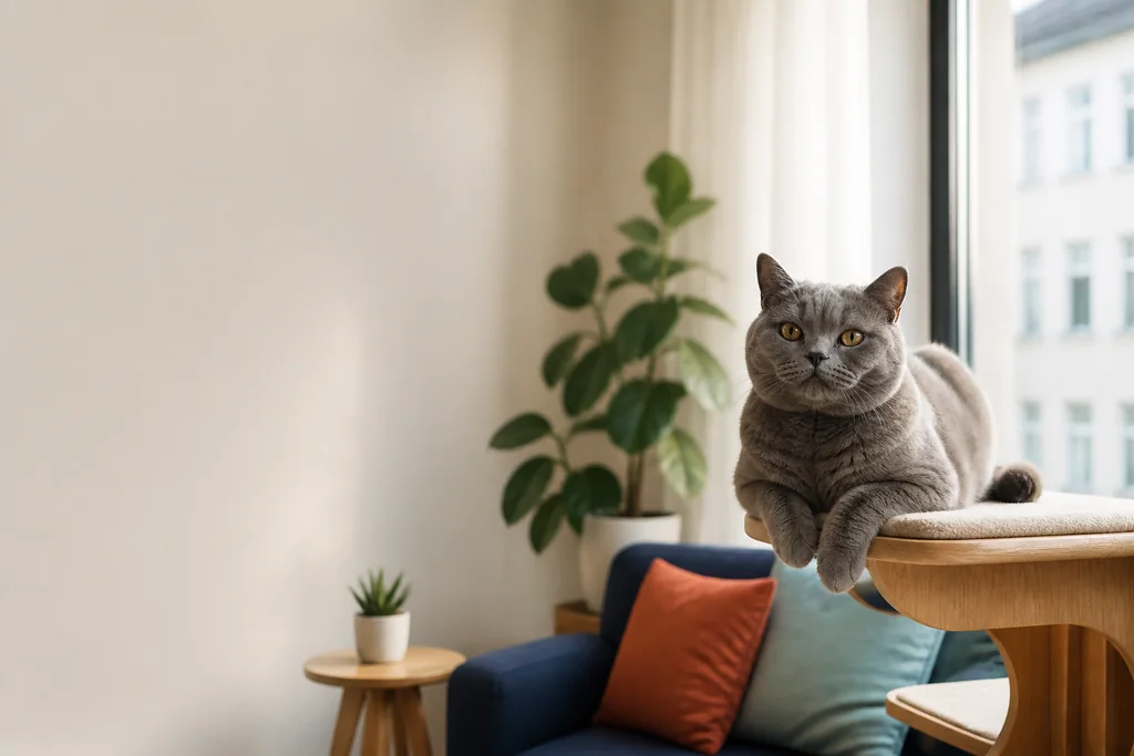 A British Shorthair cat relaxing in a bright modern indoor-cat living room