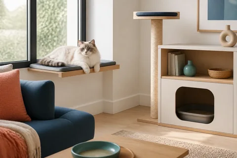 A Ragdoll cat relaxing on a window perch in a modern cat-friendly living room