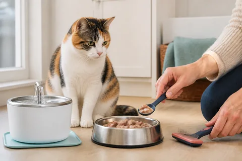 An indoor cat beside wet food, a water fountain, and a grooming brush