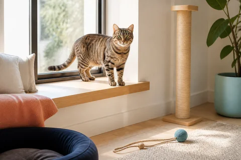 An indoor cat using a window perch beside a scratching post and enrichment toy