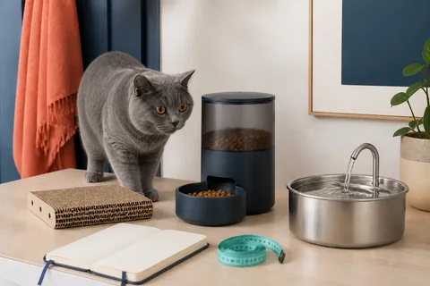 An indoor cat inspecting unbranded cat products arranged for independent research