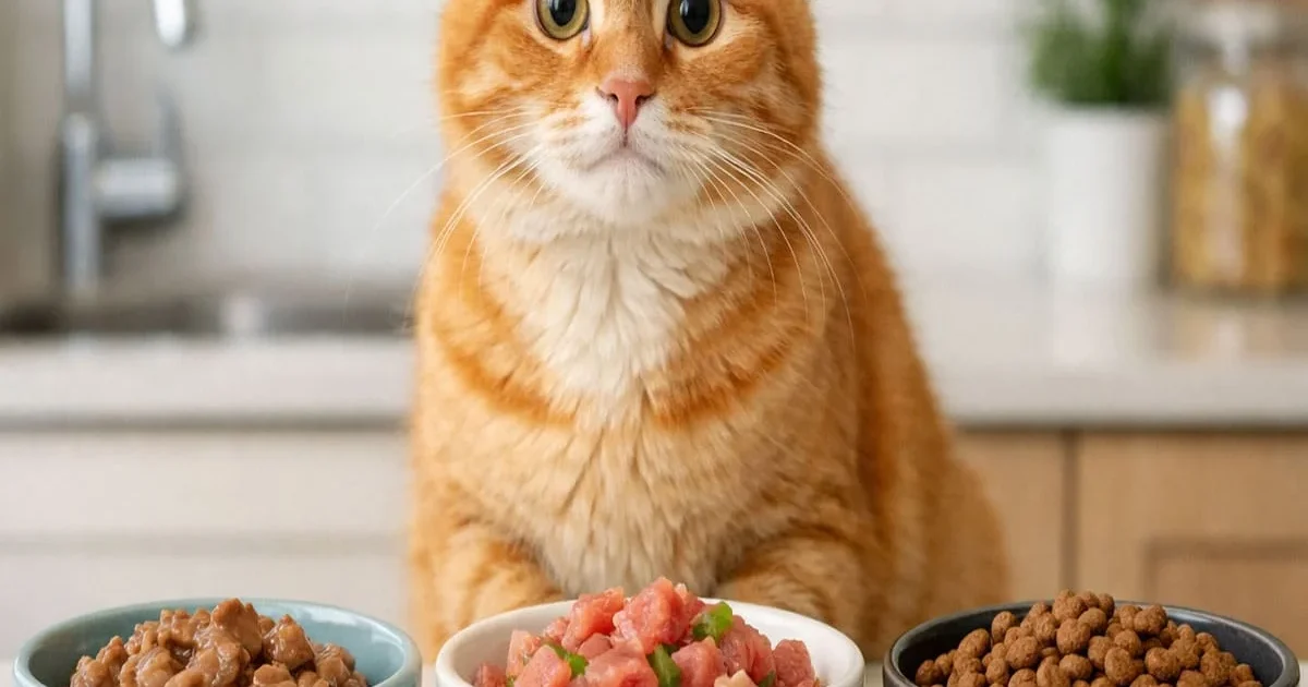 Best Cat Food 2026 comparison showing wet food, raw diet, and dry kibble options for healthy indoor cats