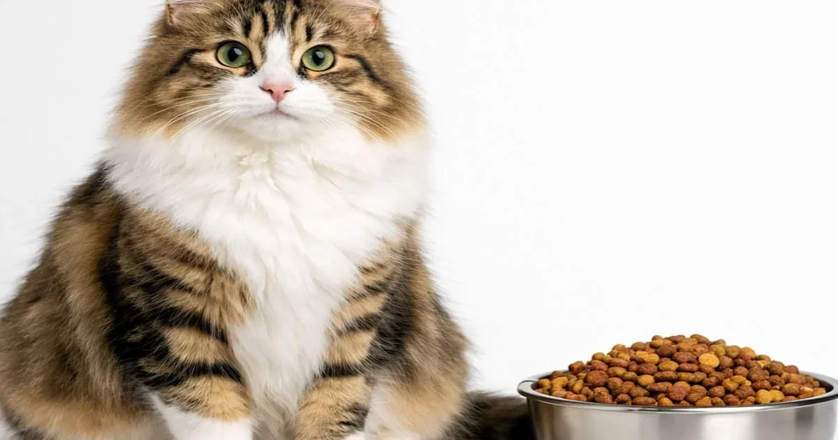 Can cats eat human food? Curious cat sitting beside a bowl of kibble on a white background.