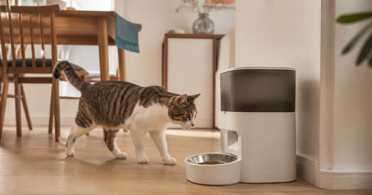 An indoor cat approaching an unbranded automatic feeder in a warm modern apartment