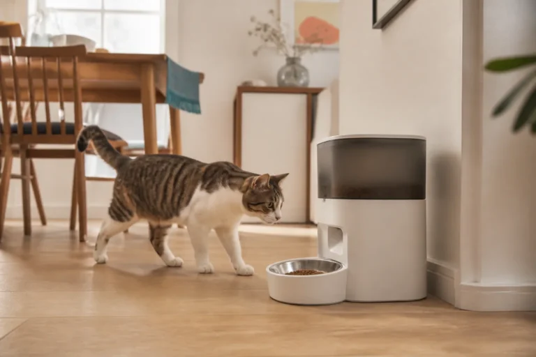 An indoor cat approaching an unbranded automatic feeder in a warm modern apartment
