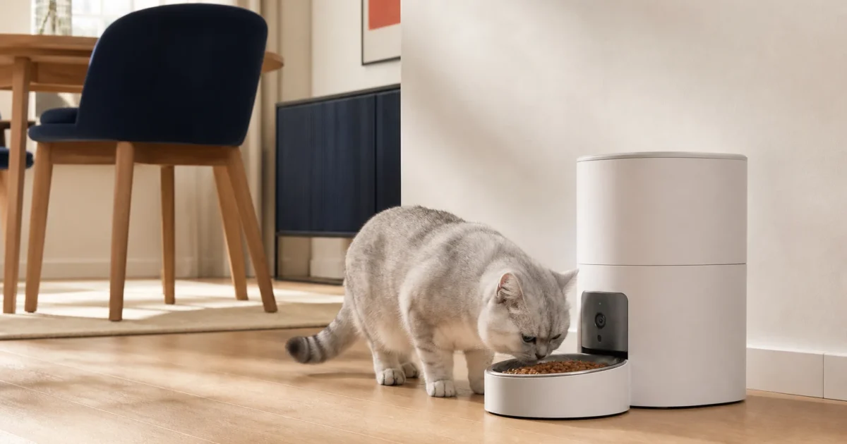 Silver indoor cat eating beside an unbranded automatic feeder with an integrated camera in a modern apartment