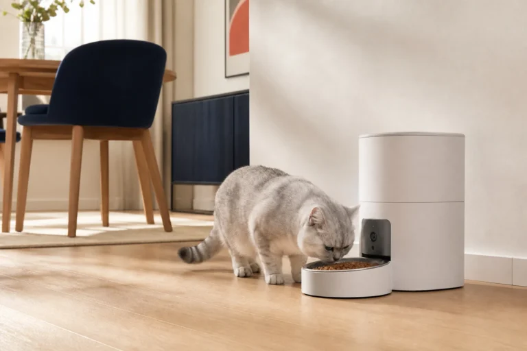 Silver indoor cat eating beside an unbranded automatic feeder with an integrated camera in a modern apartment