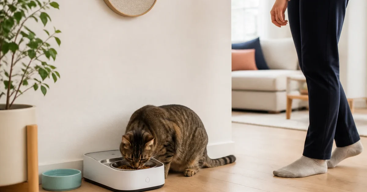 Indoor cat eating from an automatic feeder while its owner observes