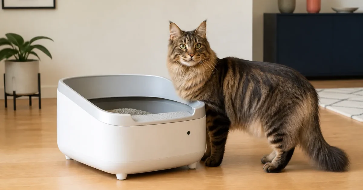 Large Maine Coon standing beside a spacious unbranded open-top automatic litter box