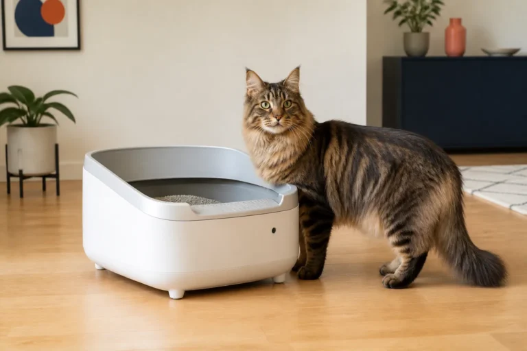 Large Maine Coon standing beside a spacious unbranded open-top automatic litter box