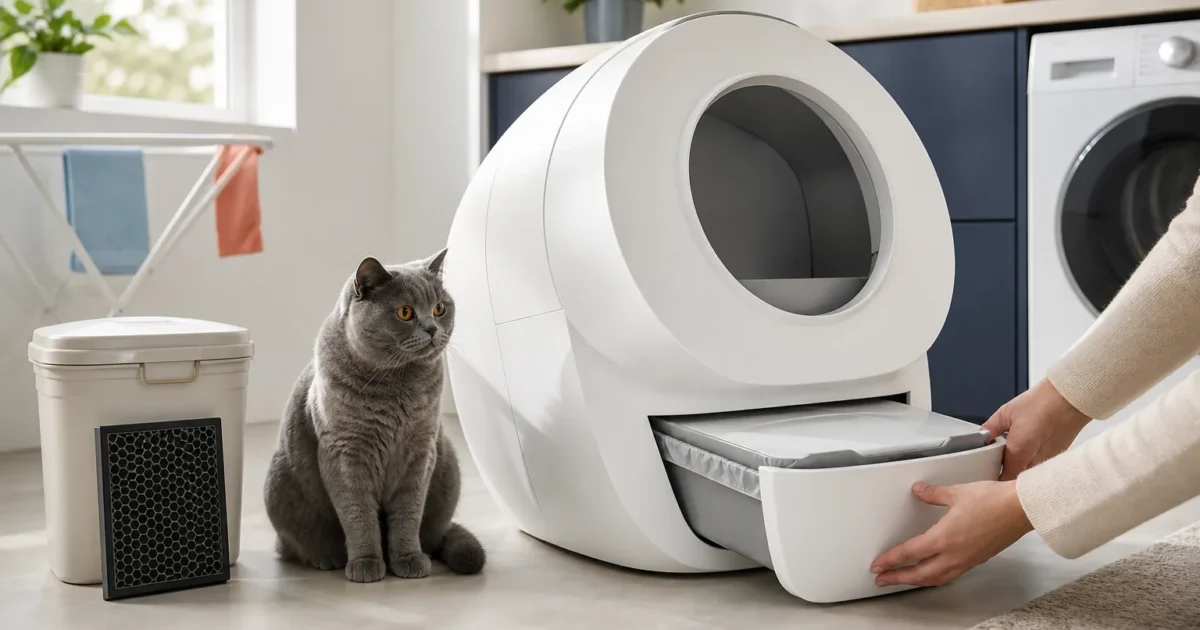 British Shorthair beside an unbranded automatic litter box while an owner closes the sealed waste drawer