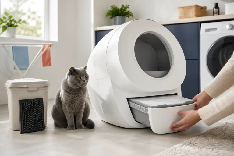 British Shorthair beside an unbranded automatic litter box while an owner closes the sealed waste drawer