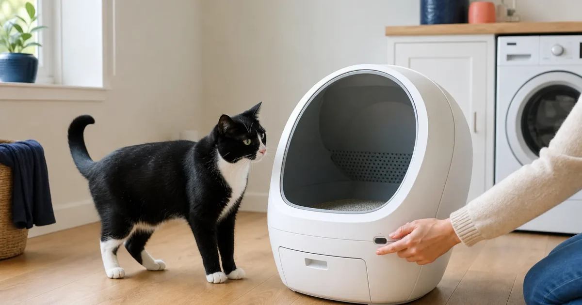 Tuxedo cat beside an unbranded automatic litter box while an owner checks the controls and safety sensors
