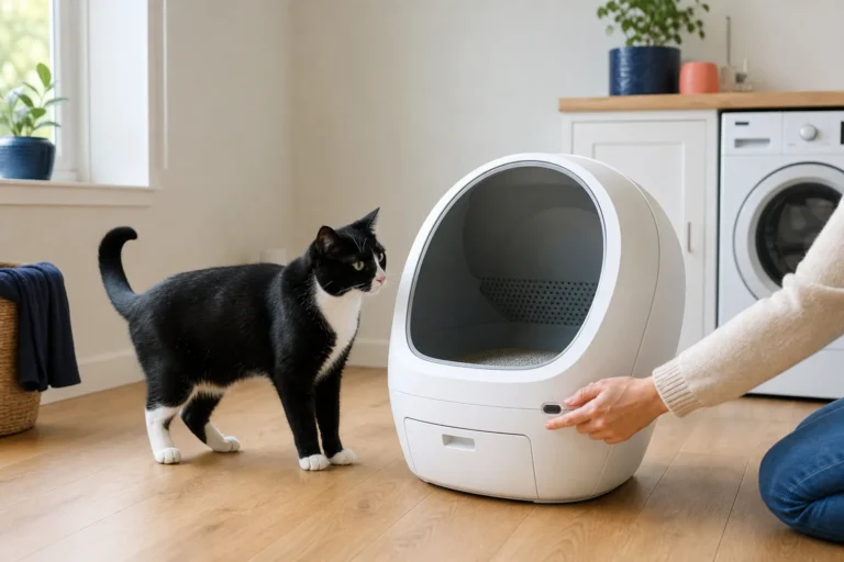 Tuxedo cat beside an unbranded automatic litter box while an owner checks the controls and safety sensors