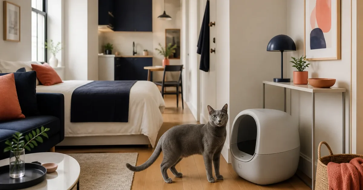 Russian Blue cat beside a compact unbranded automatic litter box in a stylish studio apartment