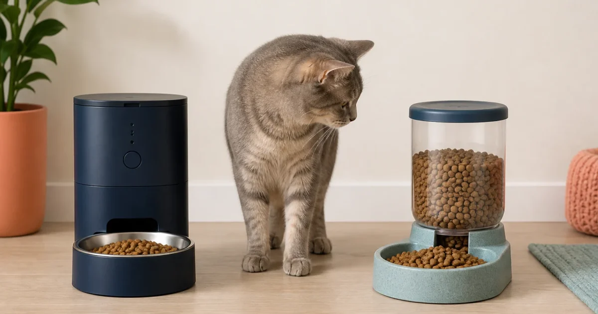 Indoor cat comparing a programmable feeder and a gravity feeder