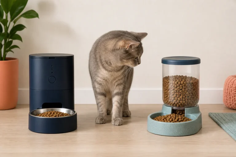 Indoor cat comparing a programmable feeder and a gravity feeder