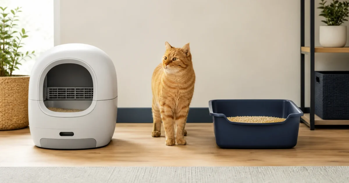 Orange tabby between an automatic litter box and a traditional open litter tray