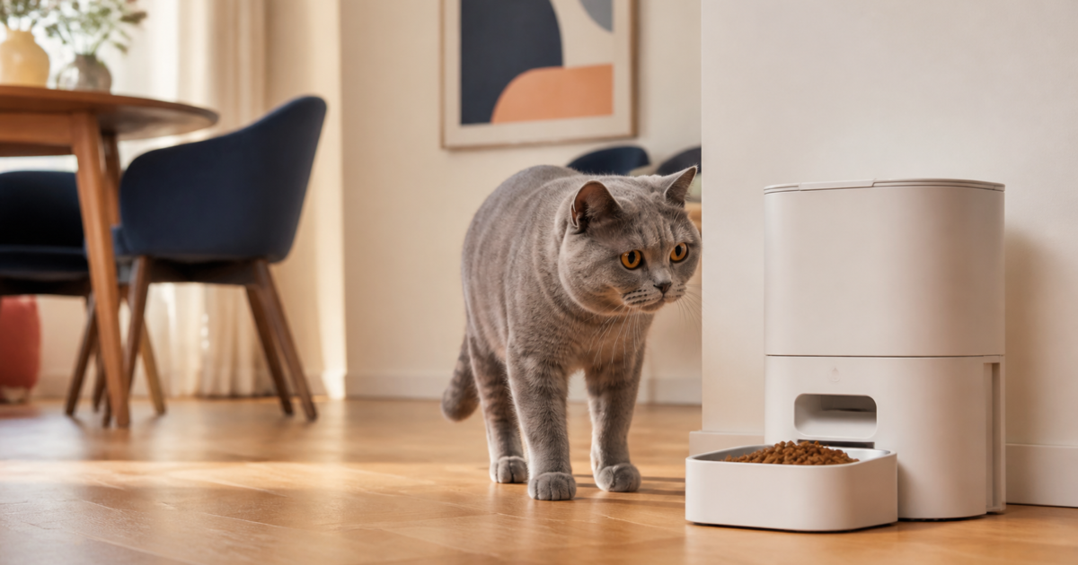 British Shorthair cat beside a generic automatic dry-food feeder in a modern home