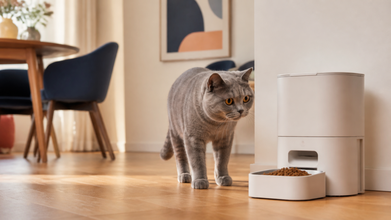 British Shorthair cat beside a generic automatic dry-food feeder in a modern home