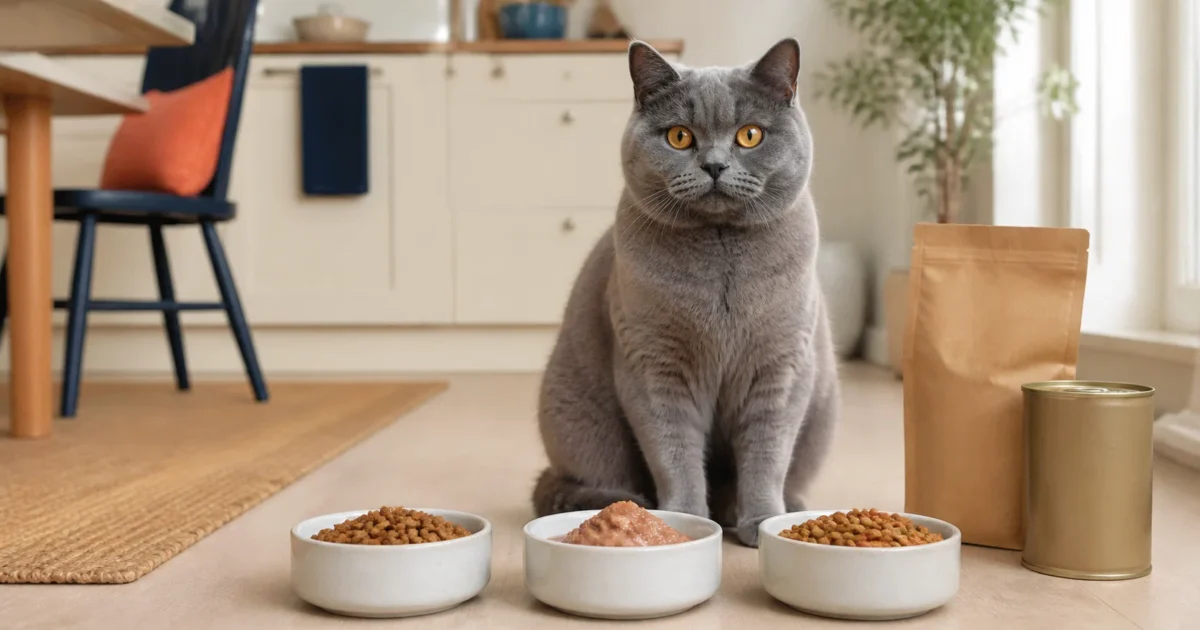 Blue British Shorthair cat beside bowls of dry and wet cat food in a bright indoor kitchen