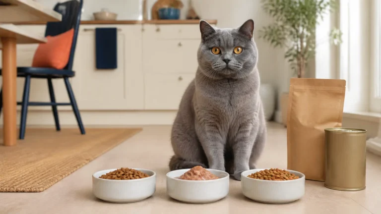 Blue British Shorthair cat beside bowls of dry and wet cat food in a bright indoor kitchen