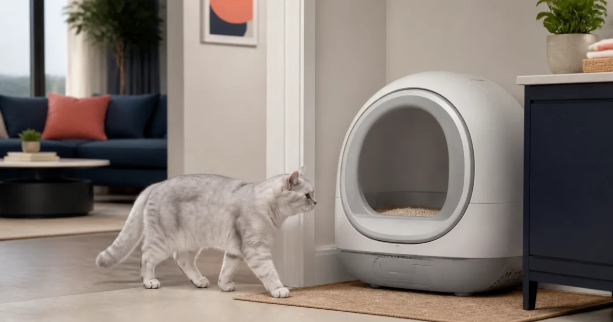 Silver British Shorthair approaching an unbranded automatic self-cleaning litter box in a modern home