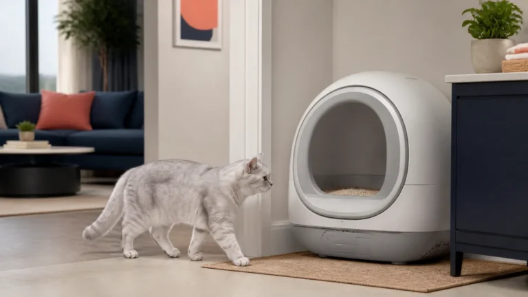 Silver British Shorthair approaching an unbranded automatic self-cleaning litter box in a modern home