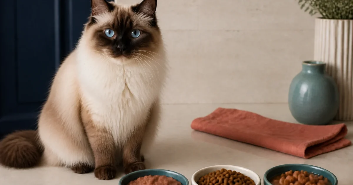 Adorable Ragdoll cat beside wet food, dry kibble, and hydrated cat-food options