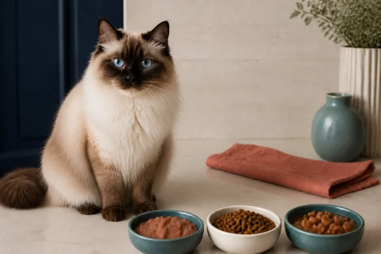 Adorable Ragdoll cat beside wet food, dry kibble, and hydrated cat-food options