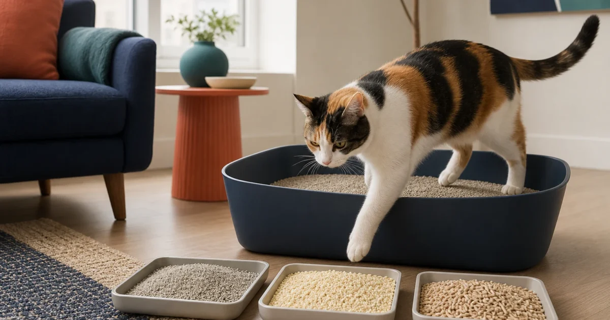 Calico cat stepping into a clean open litter box beside comparison trays of fine clay, corn, and wood litter