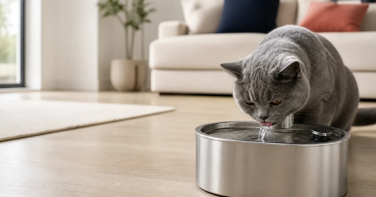 Blue-gray British Shorthair drinking from an unbranded stainless-steel cat water fountain in a modern living room