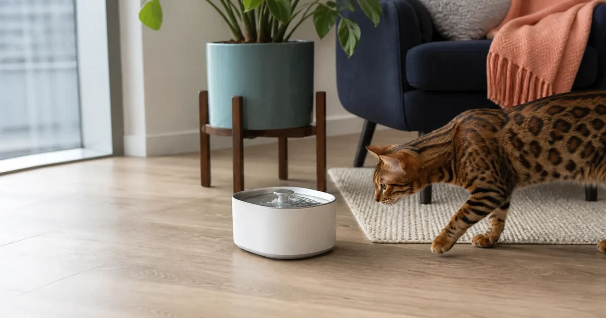 Bengal cat approaching a cordless water fountain in a modern living room