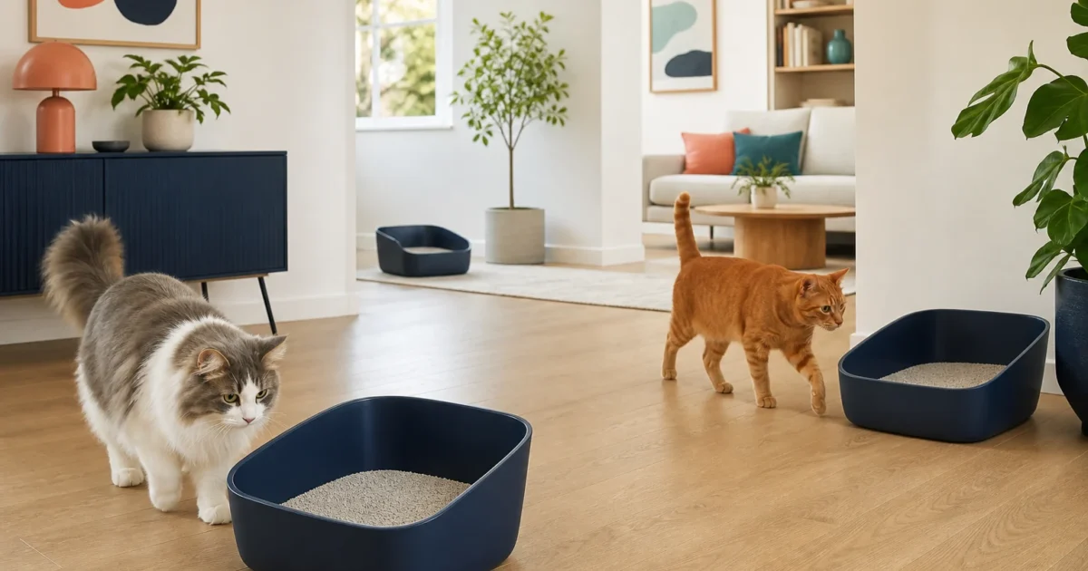 Norwegian Forest Cat and orange shorthair approaching separate clean open litter boxes in a modern multi-cat home