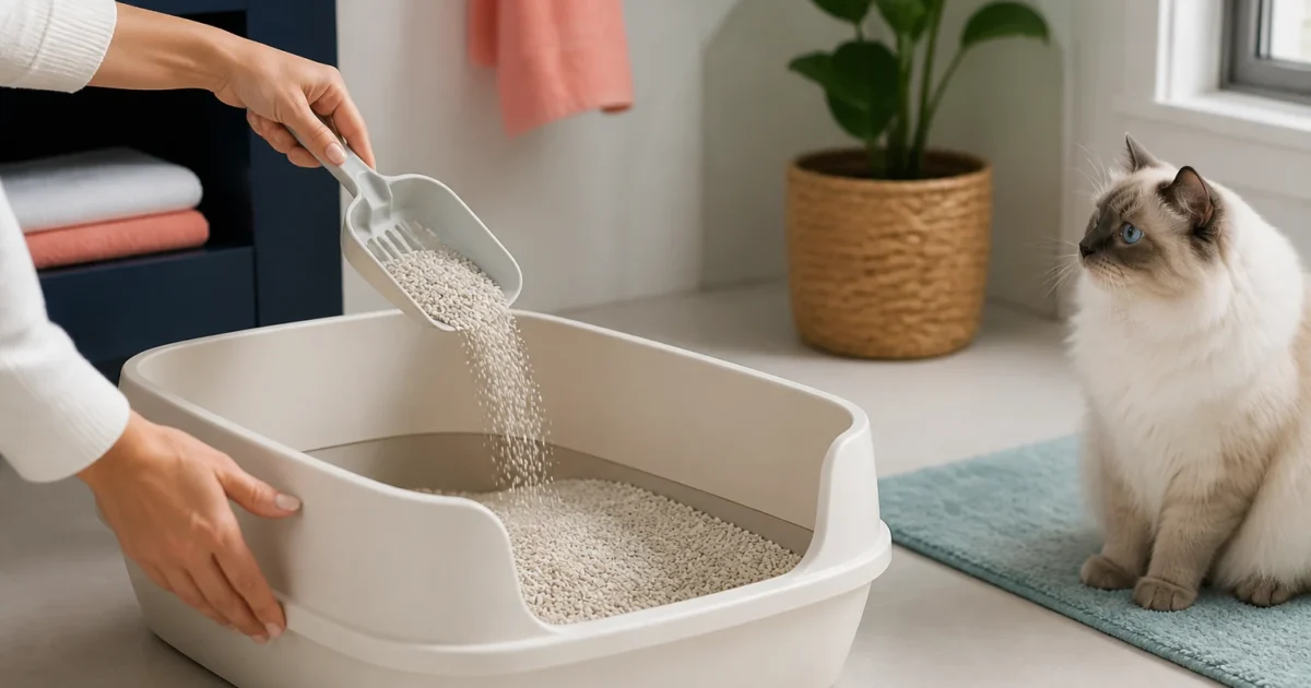 Person slowly pouring unbranded fine cat litter into a clean open box while a cream Birman cat waits nearby