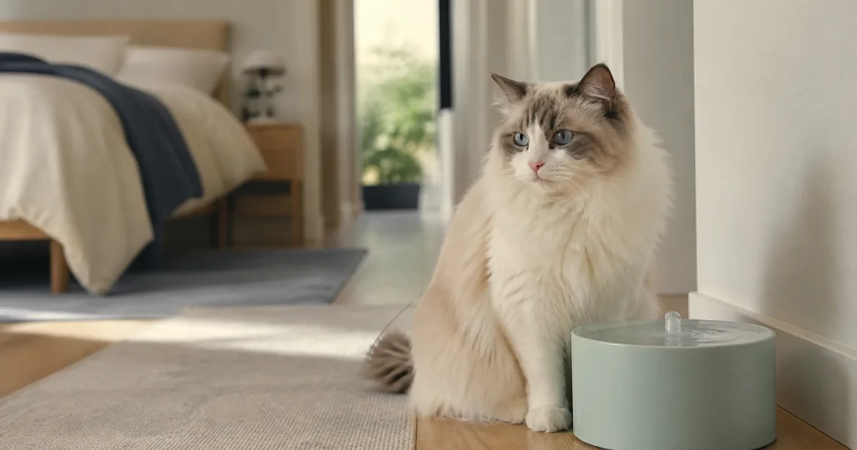 Relaxed Ragdoll cat beside a low-flow water fountain in a quiet home hallway
