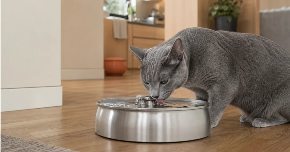 Russian Blue cat drinking from a wide stainless steel water fountain in a modern home
