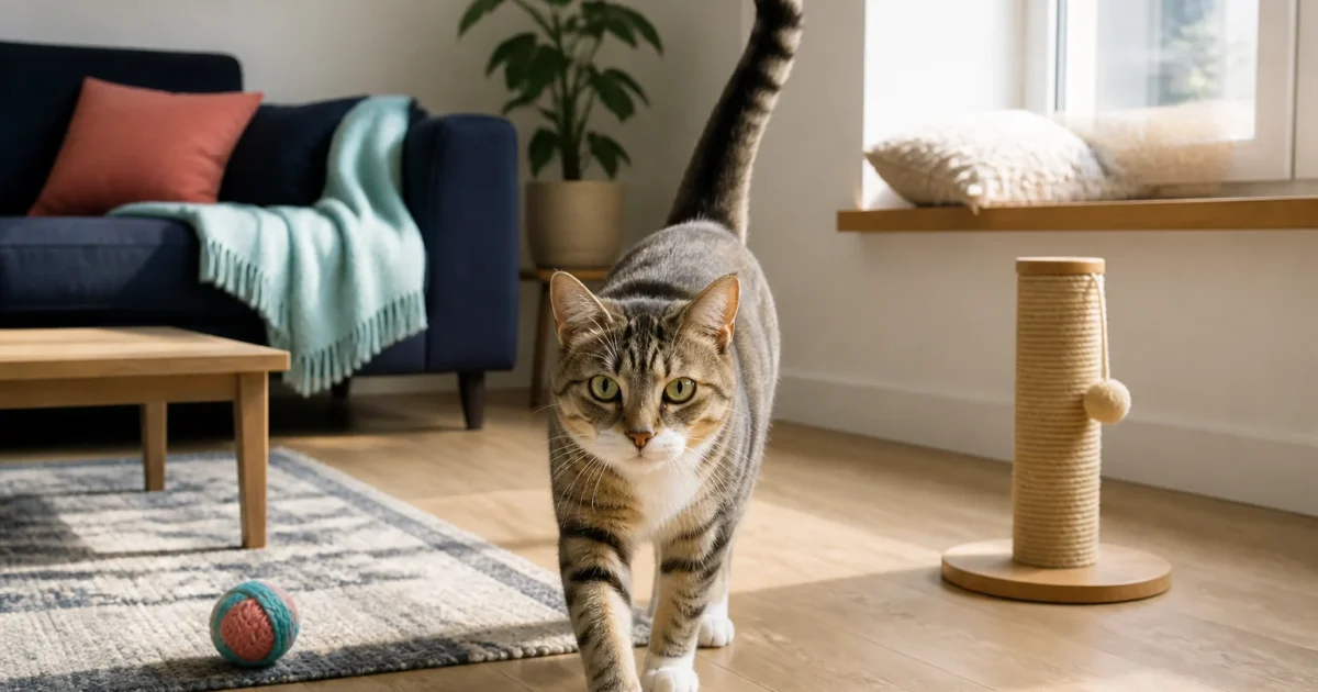 Indoor cat walking with its tail upright in a modern living room