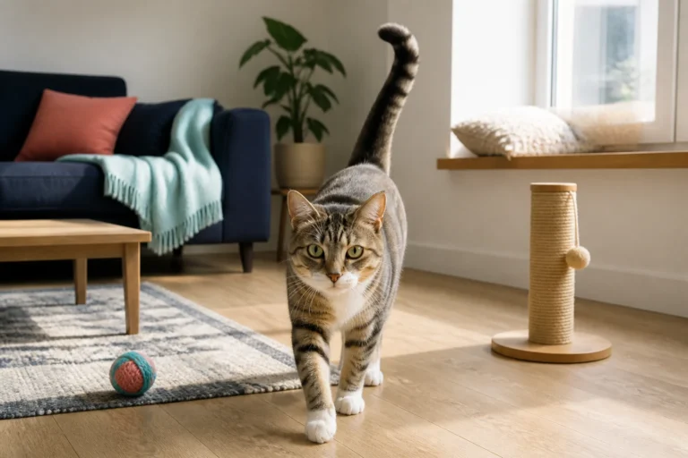 Indoor cat walking with its tail upright in a modern living room