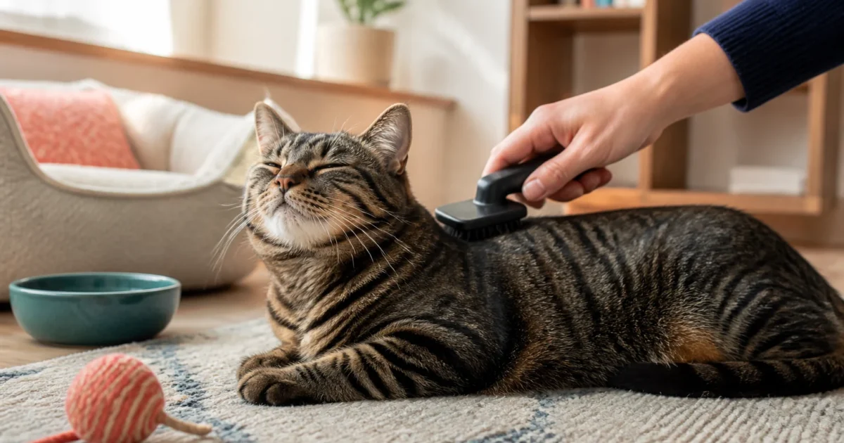 Indoor cat being gently brushed beside fresh water and enrichment toys