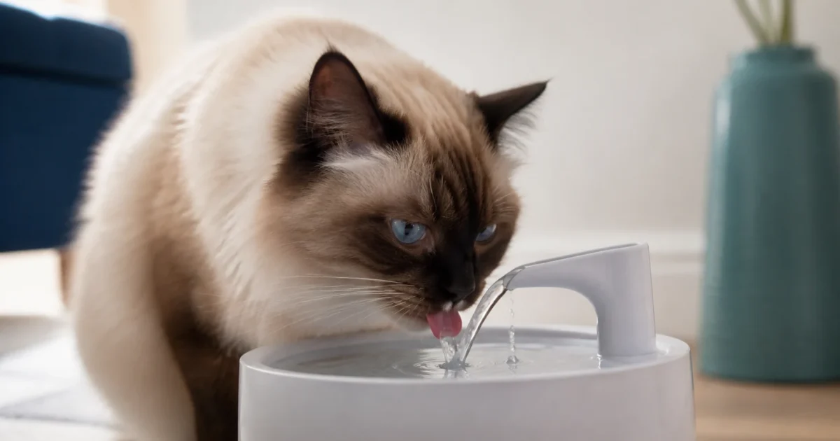Seal-point Ragdoll cat drinking from the gentle stream of an unbranded indoor water fountain