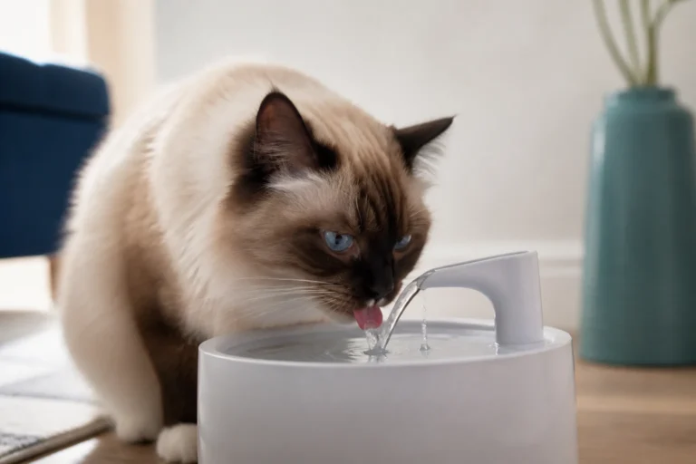 Seal-point Ragdoll cat drinking from the gentle stream of an unbranded indoor water fountain