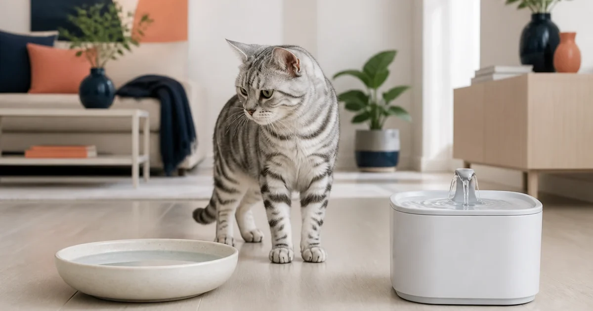 Silver tabby cat choosing between a wide ceramic water bowl and an unbranded white cat water fountain