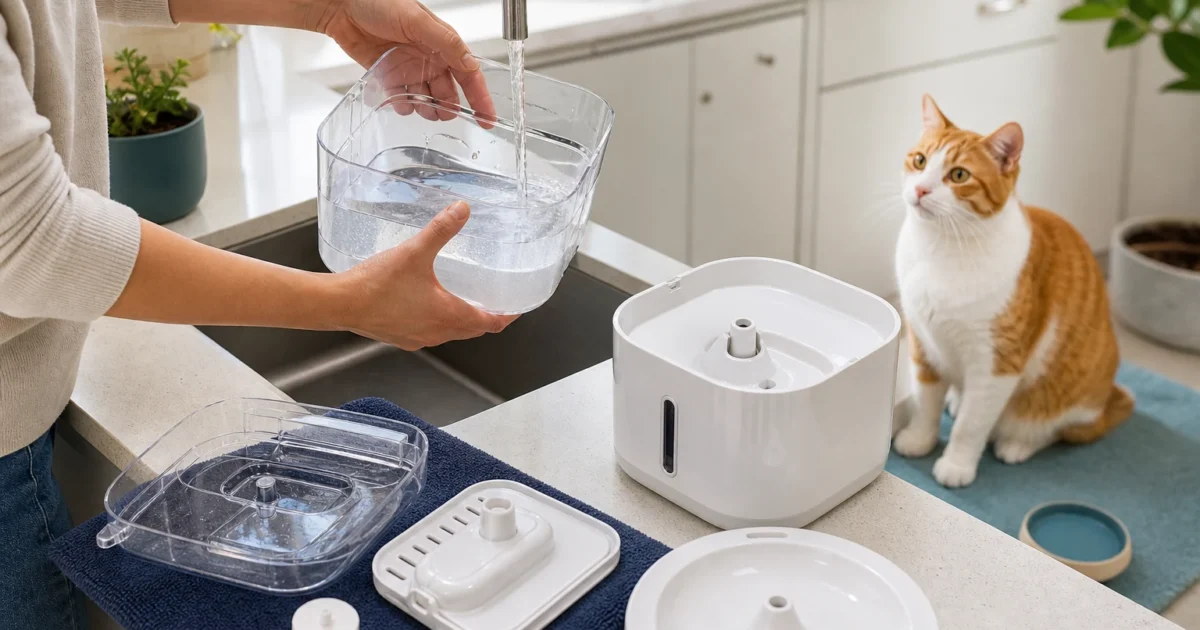 Person refilling a disassembled unbranded cat water fountain with fresh water while an orange-and-white cat watches