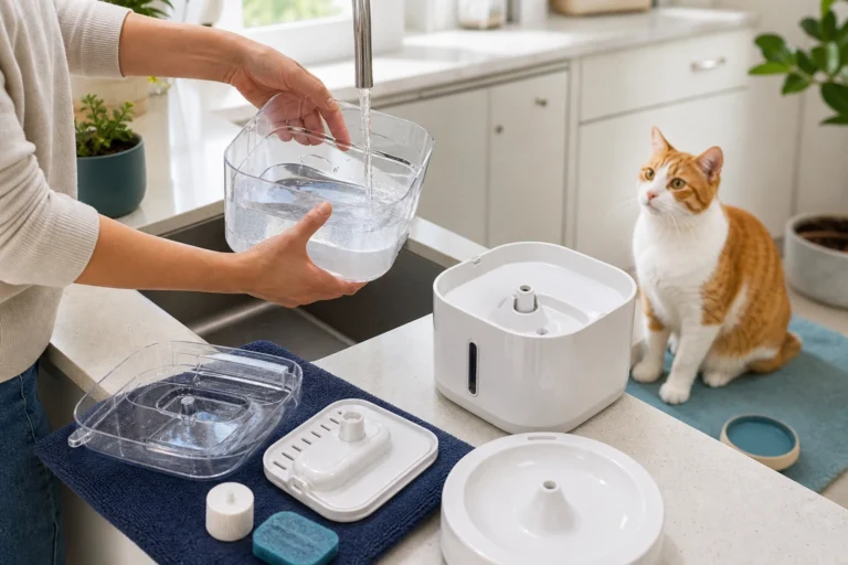 Person refilling a disassembled unbranded cat water fountain with fresh water while an orange-and-white cat watches