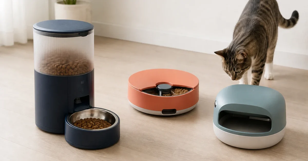 Indoor cat inspecting three types of automatic cat feeders
