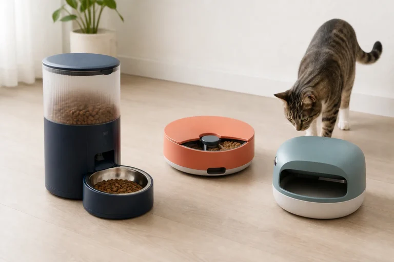 Indoor cat inspecting three types of automatic cat feeders