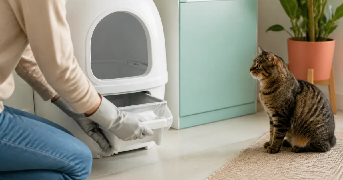 Owner checking the waste drawer of an automatic litter box while a tabby cat watches