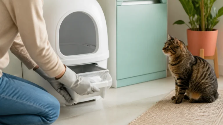 Owner checking the waste drawer of an automatic litter box while a tabby cat watches