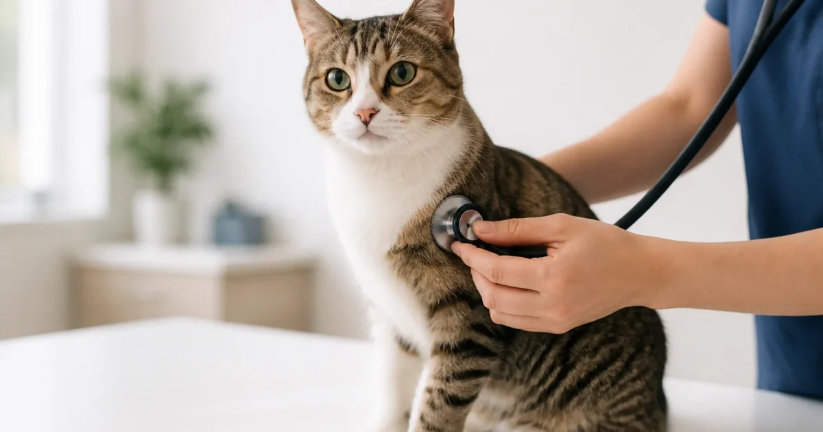 Veterinarian listening to a relaxed cat's chest during a wellness examination